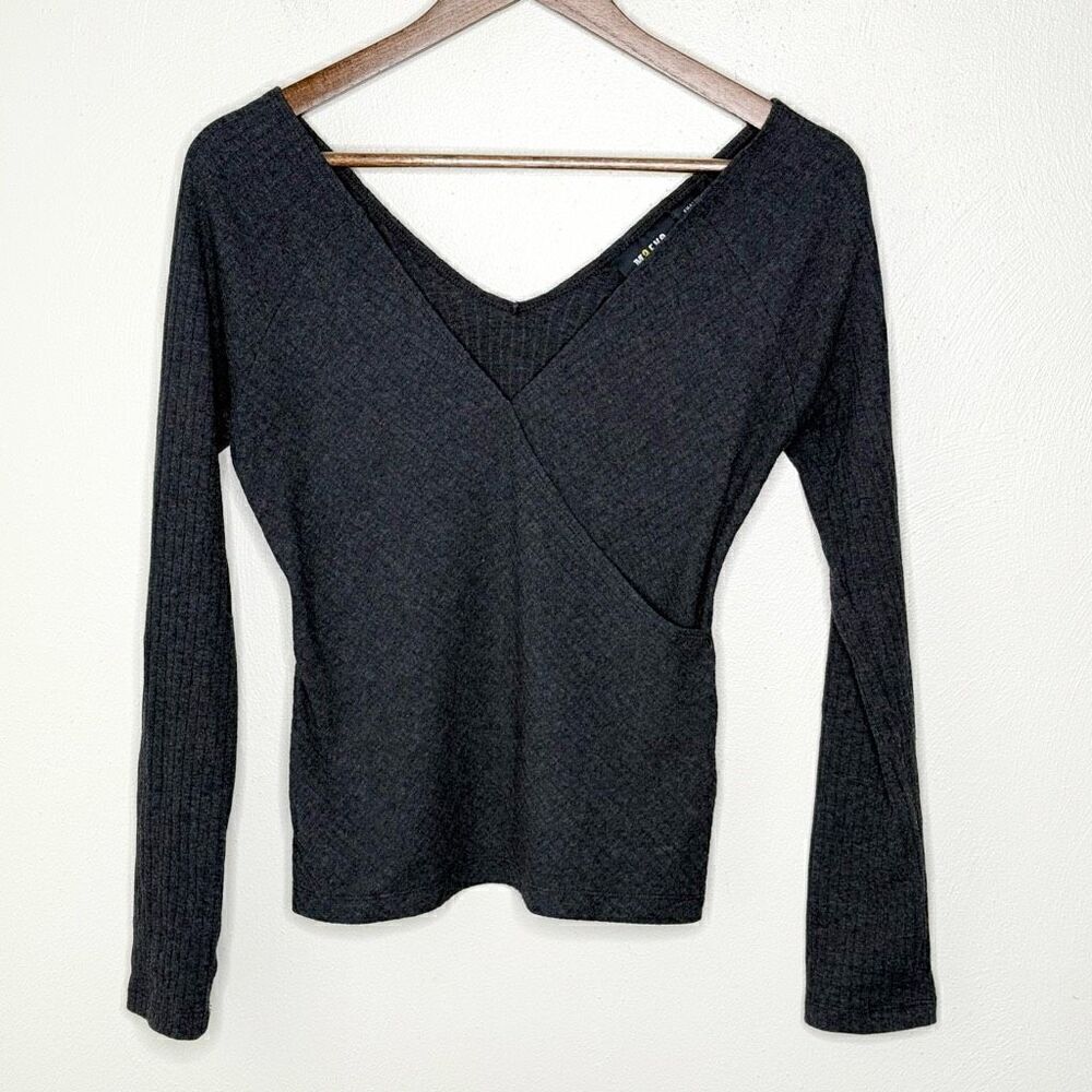Maeve Ribbed Criss Cross Long Sleeve Charcoal Gray Top - Women’s US S